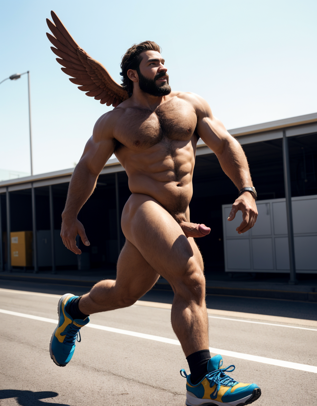 Hermes es el dios de los mensajeros, el comercio, los ladrones, y los viajeros. Es conocido por su velocidad y astucia. Tiene testículos grandes. Tiene mucho vello. Tiene 30 años de edad. Tiene calzado de alta velocidad. Está corriendo. Está de perfil izquierdo. Se ven los testículos hermosos colgando. Tiene pene grande y largo.