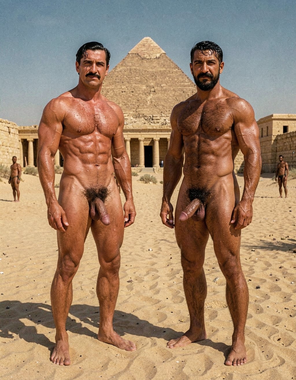 Dos hombres desnudos y muy musculados posan de pie sobre la arena del desierto, frente a una gran pirámide egipcia y construcciones de piedra de estilo antiguo. Ambos tienen el cuerpo bronceado, aceitado y definido, con abdominales marcados, pectorales prominentes, brazos fuertes y piernas atléticas; sus penes y vello púbico son visibles de forma frontal. El hombre de la izquierda lleva bigote y pelo oscuro peinado hacia atrás, mientras el de la derecha tiene barba completa y cabello corto. Al fondo aparecen otras figuras masculinas desnudas caminando por la arena, bajo un cielo despejado, creando una escena de estética histórica, homoerótica y monumental en un entorno arqueológico egipcio.