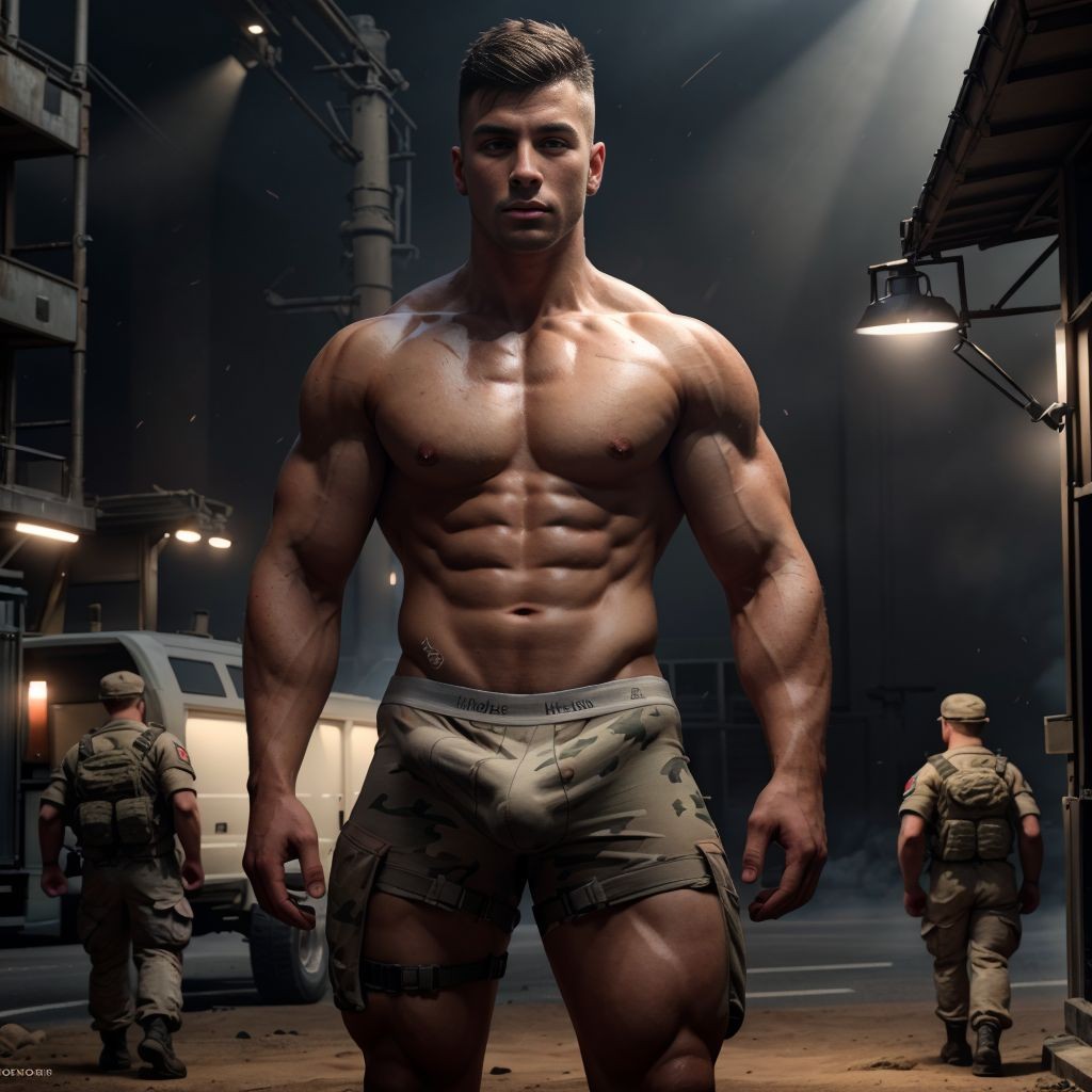 soldier wearing underwear, bulge, sharp focus, cinematic lighting, 8k, ultra high resolution, photorealistic, trending on ArtStation, professional photography, intricate details, vibrant colors