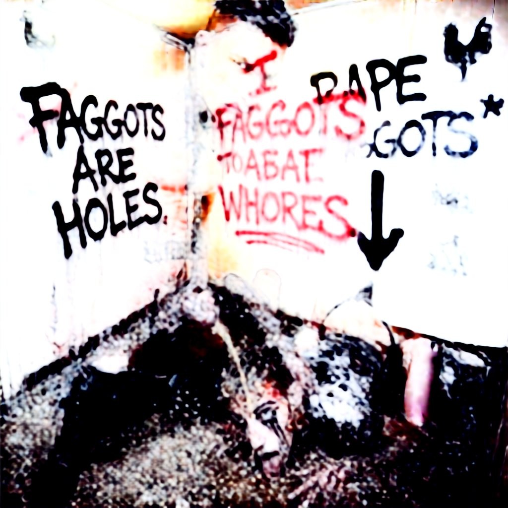 A dirty, deteriorated corner appears covered in aggressive graffiti painted in black and red on a stained white wall, with homophobic and misogynistic insults like “Faggots are holes” and threatening phrases related to “rape,” accompanied by a black arrow pointing downward. The scene has a raw, violent, and disturbing look, with runny paint, dark marks, and splatters reminiscent of blood or accumulated filth. At the bottom, on the blackened ground full of debris, a partially visible humanoid figure or lump can be distinguished, blurred and broken down by extreme contrast, reinforcing an atmosphere of abandonment, hatred, vandalism, and explicit violence.