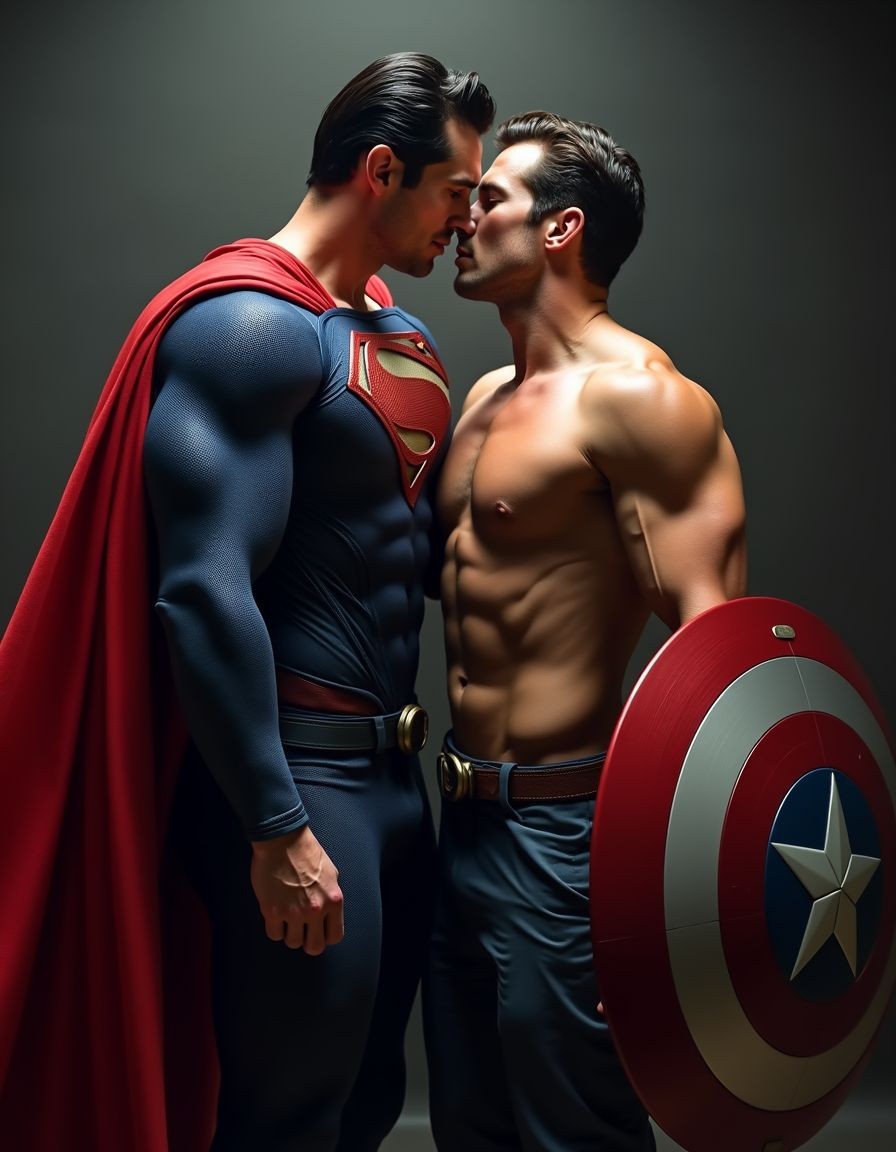Two superheroes with iconic aesthetics pose very close in an intimate and dramatic scene, their lips almost touching under dim studio lighting. On the left, a man in a tight blue suit, defined muscles, red cape, and red and yellow emblem on his chest recalls Superman; he maintains a firm and serious posture. On the right, another athletic man appears shirtless, with a defined torso, dark pants and belt, holding a circular shield in red, white, and blue with a central star, visually associated with Captain America's style. The dark background and the contrast of lights highlight the muscular bodies, the romantic tension, the close contact, and the superhero fantasy atmosphere.