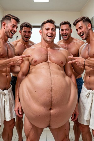 Hombre de 19 años con rasgos de musculoso pero con una barriga obesa enorme, rodeado por hombres de 19 años musculosos con toalla y diferentes rasgos señalándole y riéndose de el