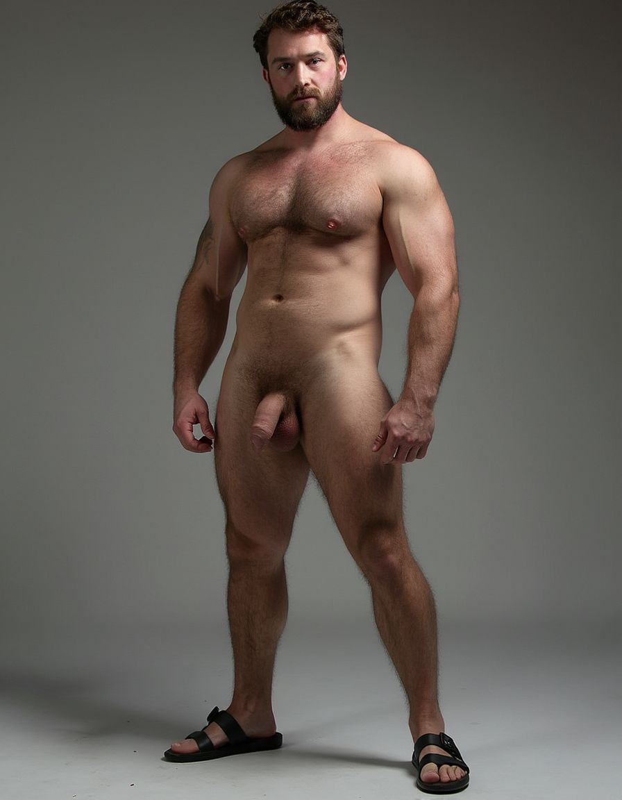 Hombre musculoso y muy velludo, completamente desnudo, con un cuerpo atlético y musculos definidos. Es delgado con cintura estrecha y hombros anchos. Su pelo es de color castaño oscuro y sus ojos son de un verde intenso y penetrante. Su polla es grande y erecta, con una forma perfecta y proporcional a su cuerpo. Sus testículos están perfectamente desarrollados, son grandes y cuelgan con elegancia, demostrando su masculinidad. 
Lleva una barba de color castaño. En sus pies lleva un par de sandalias 