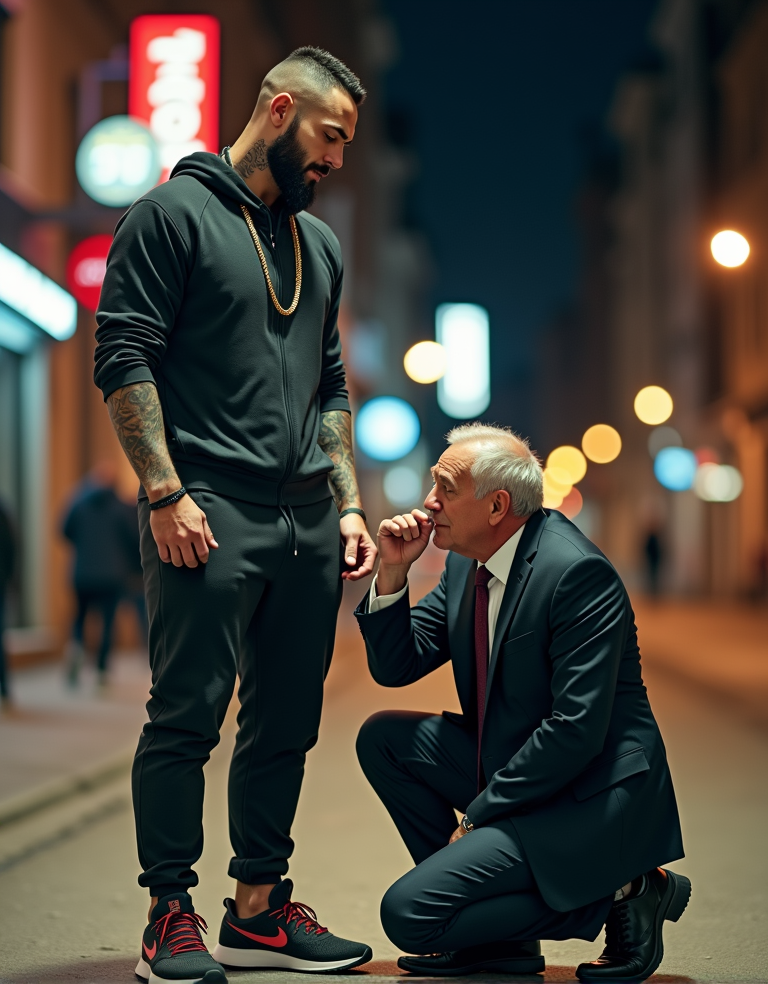 Un hombre joven con barba, corte degradado, sudadera negra con capucha, joggers ajustados, zapatillas Nike negras y rojas, cadena dorada y brazos tatuados permanece de pie en una calle urbana nocturna iluminada por neones y farolas desenfocadas. A su lado, un hombre mayor con traje oscuro, camisa blanca y corbata roja está arrodillado sobre el asfalto, sujetándole la mano con gesto solemne o íntimo, como si fuera a besarla. El contraste entre la ropa urbana del joven y la elegancia formal del hombre arrodillado crea una escena cargada de tensión, respeto o sumisión, ambientada en una avenida de ciudad con escaparates luminosos, profundidad de campo reducida y atmósfera cinematográfica.
