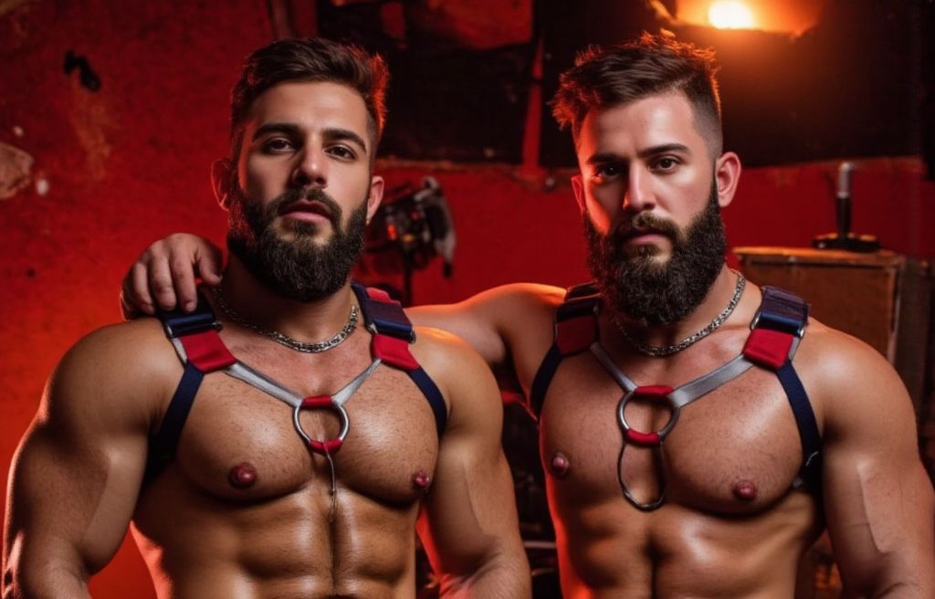 Dos hombres barbudos con buen cuerpo, de mediana edad, están en una fiesta leather en un local de Londres, muestran sus cuerpos definidos con arneses de cuero y metal.