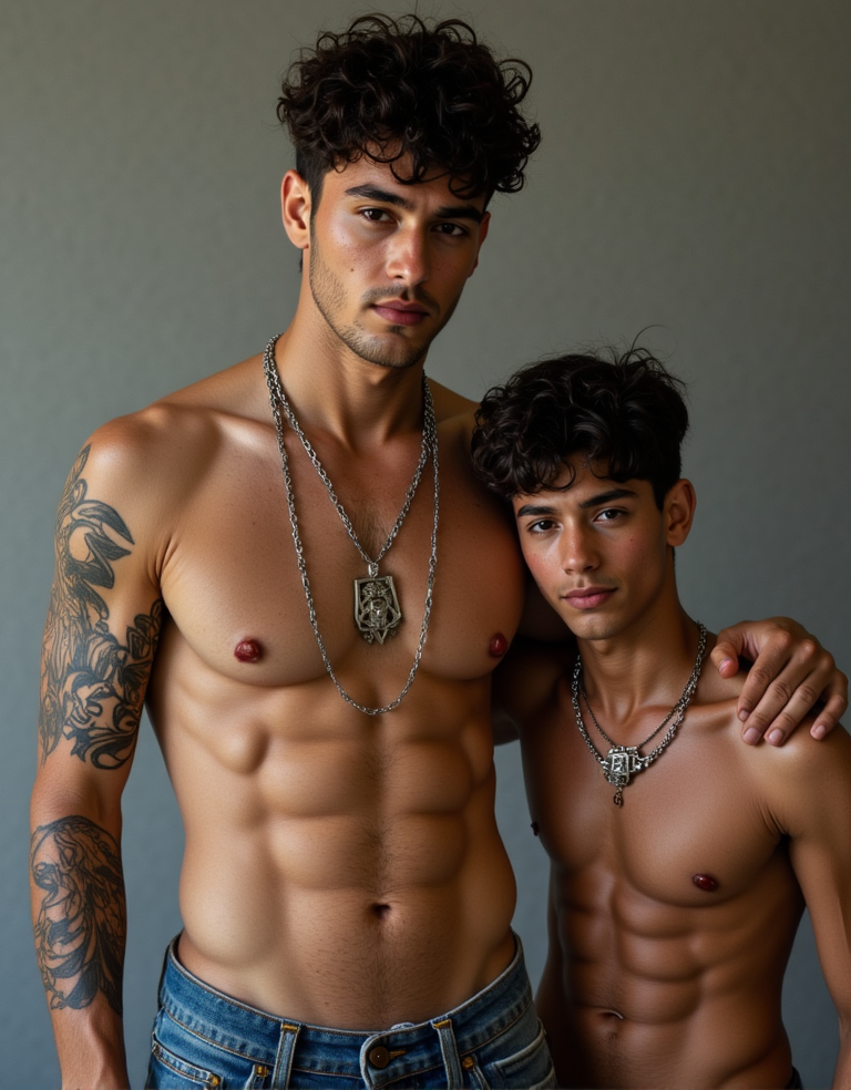 Dos hombres jóvenes posan juntos de pie contra un fondo gris liso, ambos sin camiseta y con el torso musculado visible. El de la izquierda, más alto, lleva vaqueros azules bajos, cadenas plateadas con un colgante grande, pelo oscuro rizado, barba corta y un tatuaje floral y ornamental que cubre buena parte del brazo y el hombro; mantiene una expresión seria y mira directamente a la cámara. A su lado, el chico más bajo se apoya bajo su brazo, también con pelo rizado oscuro, collar metálico y abdomen definido, con una mirada tranquila y cercana. La iluminación suave resalta la piel, los pectorales, los abdominales y los detalles de las joyas, creando un retrato de estudio íntimo y sobrio.