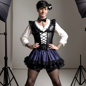 Una persona posa de pie en un estudio fotográfico con las manos en la cintura, mirando de frente con una expresión serena y segura. Lleva un conjunto de estética gótica y lolita compuesto por una camisa blanca de mangas remangadas, un corsé negro brillante con cordones cruzados, volantes en el escote, pajarita negra con adorno central y una falda corta morada con capas de encaje negro. Completa el atuendo con medias negras translúcidas, liguero visible y un accesorio floral blanco en el pelo corto y oscuro peinado de lado. A ambos lados aparecen focos y trípodes de iluminación, reforzando el contexto de sesión de moda, retrato de estudio y vestuario alternativo.