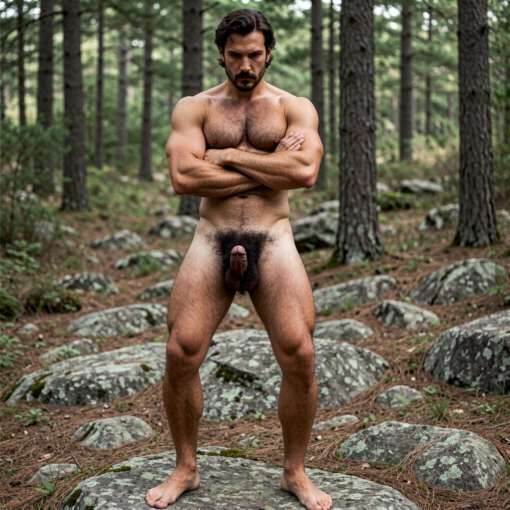 Un hombre desnudo y musculoso posa de pie sobre una roca en un bosque de pinos, con los brazos cruzados sobre el pecho y una expresión seria e intensa dirigida hacia abajo. Su cuerpo atlético, con torso velludo, abdomen definido, piernas fuertes y pies descalzos, queda completamente visible, incluido el pene y el vello púbico. El entorno natural está formado por troncos altos, suelo cubierto de agujas de pino, piedras grandes con musgo y vegetación baja, creando una escena al aire libre de desnudez masculina, fuerza física y actitud desafiante en plena naturaleza.