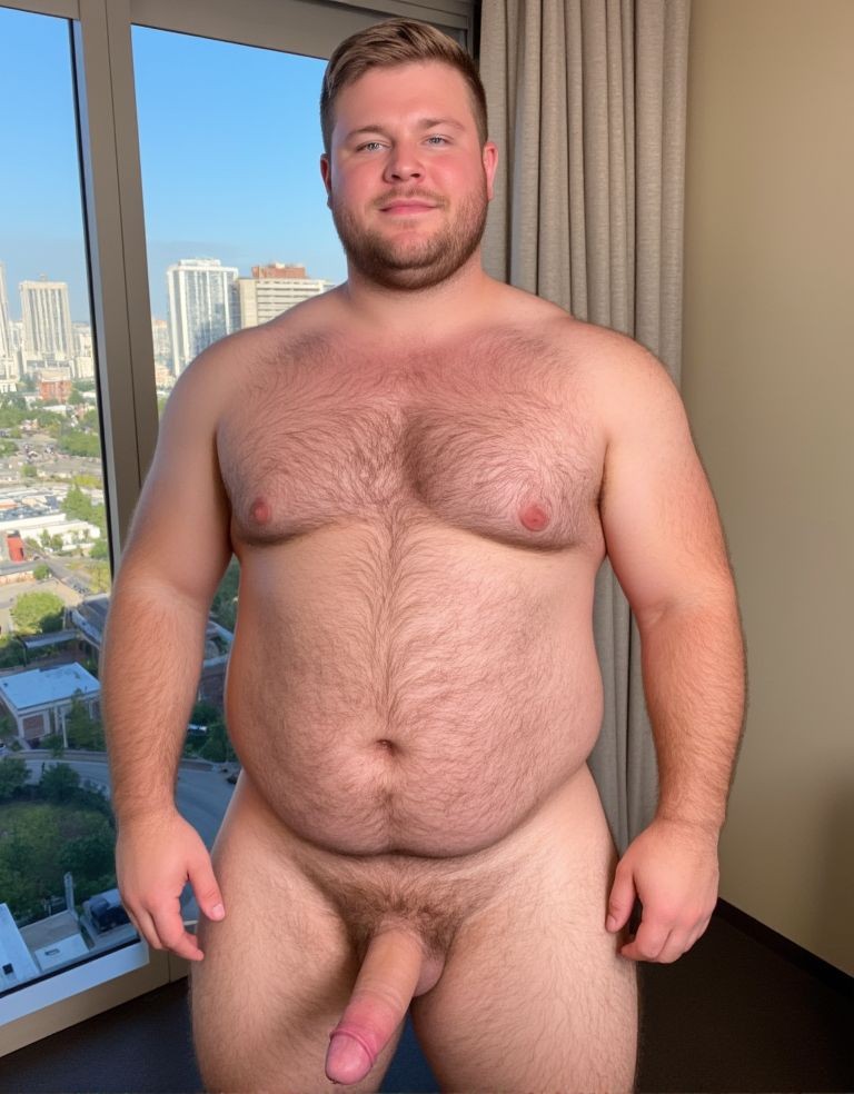 Nude man with a robust build posing standing in a hotel room, in front of a large window with urban views, tall buildings, and a clear sky in the background. He has short brown hair, a trimmed beard, a neutral expression, and a direct gaze at the camera. His torso is broad, with chest and abdomen covered in hair, visible navel, and arms relaxed at his sides. The pubic area is unclothed, with abundant hair and the penis visible hanging forward. The scene is lit by natural light, with beige curtains, a light-colored wall, and a dark floor, creating an intimate and explicit frontal portrait.