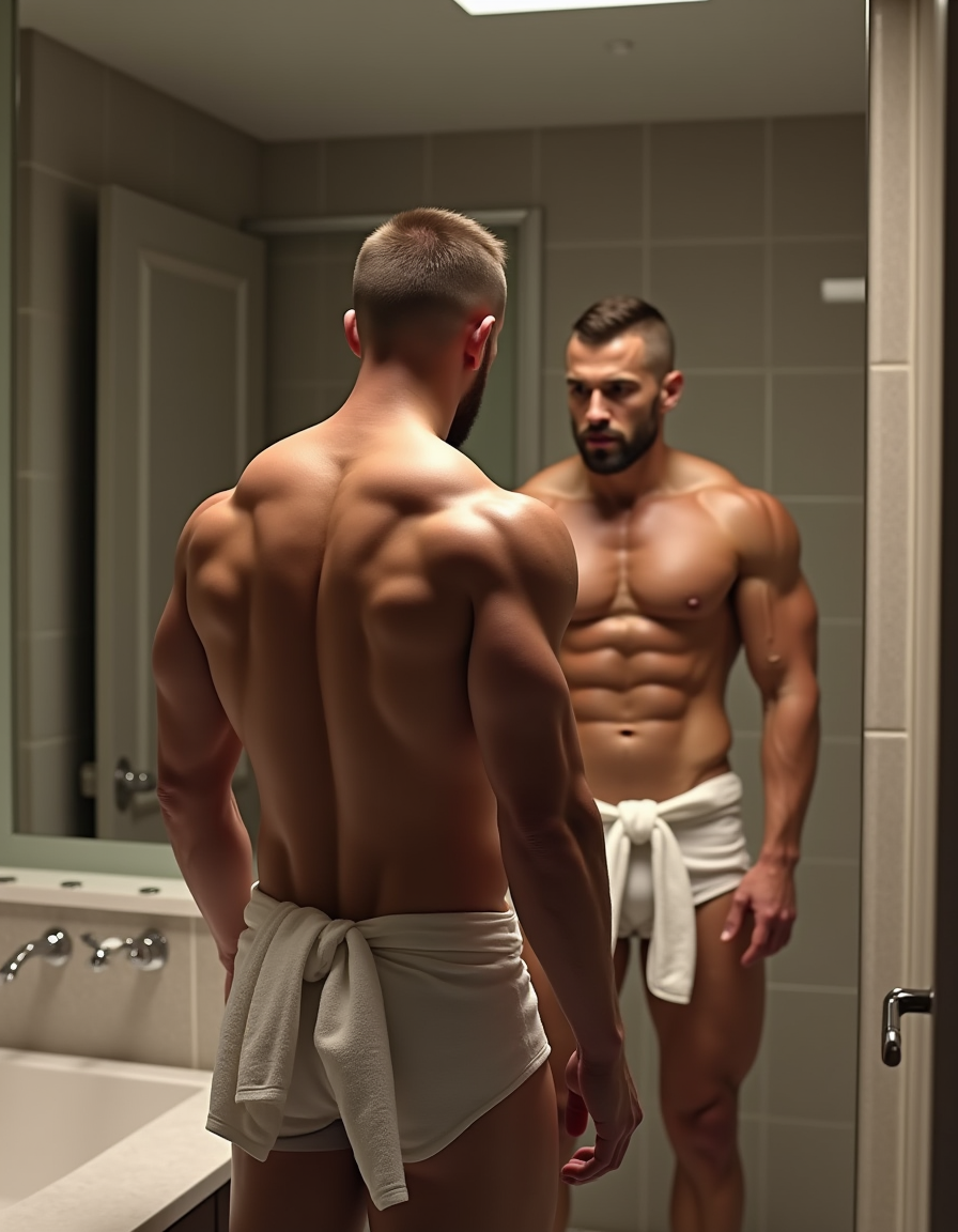 Fotografía hiperrealista en un baño moderno minimalista con un espejo grande que cubre toda la pared, reflejando la imagen de un hombre musculoso de 32 años y 170 cm de altura, de espaldas, con una anchura y definición impresionantes en su espalda, dorsales prominentes y trapecios desarrollados. La espalda del hombre es ancha y fuerte, con una definición muscular que se puede apreciar en cada fibra, destacando su dedicación y esfuerzo en el entrenamiento. 

En el reflejo del espejo, se puede apreciar parcialmente su torso frontal, destacando sus poderosos pectorales y abdominales definidos, con un nivel de detalle que permite apreciar la textura de su piel y el relieve de sus músculos. Sus pectorales son grandes y redondos, con una definición clara entre cada músculo, y sus abdominales están bien definidos, con una línea de demarcación clara entre cada músculo. 

La iluminación es tenue y cálida, resaltando los contornos musculares y creando sombras que acentúan su físico trabajado y tonificado. La luz proviene de una fuente lateral, lo que crea un efecto de relieve en sus músculos y resalta su definición. El hombre tiene pelo corto rapado y barba de pocos días, lo que le da un aspecto varonil y atlético. 

Está de pie en postura natural, mostrando su físico sin posar artificialmente, con los brazos ligeramente separados del cuerpo y las piernas ligeramente flexionadas, lo que realza su musculatura. Su postura es relajada, pero su cuerpo está tenso, lo que destaca su fuerza y potencia. La imagen tiene un estilo realista con tonos neutros que enfatizan la definición muscular, y el fondo del baño es minimalista y elegante, sin distraer la atención del espectador del physique del hombre. 

El enfoque está en la musculatura y la forma física del sujeto, con un nivel de detalle que permite apreciar la textura de su piel y el relieve de sus músculos. El hombre está desnudo, mostrando su cuerpo tonificado y musculoso en todo su esplendor, con un nivel de realismo que hace que la imagen parezca una fotografía real. Lleva una toalla atada a la cintura, lo que cubre parcialmente su entrepierna, pero se puede intuir la forma de su cuerpo y la definición de sus músculos. Aunque no se ve el culo, se intuye redondo y duro, lo que completa la imagen de un cuerpo perfectamente tonificado y musculoso. 

La imagen es hiperrealista, con un nivel de detalle que permite apreciar cada fibra y cada músculo del cuerpo del hombre. La textura de su piel es suave y lisa, y el relieve de sus músculos es claro y definido. La iluminación y las sombras crean un efecto de profundidad y relieve, lo que hace que la imagen parezca tridimensional. En general, la imagen es una representación perfecta de un cuerpo masculino tonificado y musculoso, con un nivel de realismo y detalle que la hace parecer una fotografía real.
