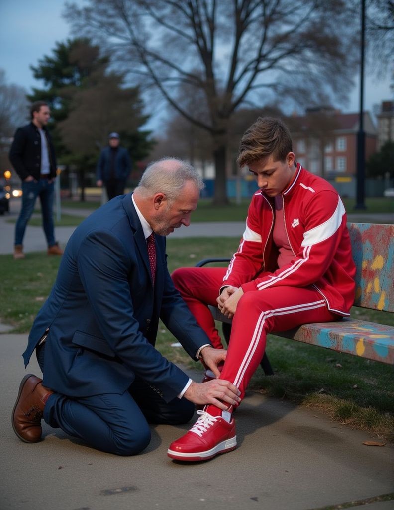 Un hombre mayor con traje azul, camisa clara y corbata roja está arrodillado sobre la acera junto a un banco de parque, ajustando con cuidado la zapatilla roja y la pernera del chándal de un joven deportista sentado frente a él. El chico viste un conjunto deportivo rojo con franjas blancas, calcetines altos y zapatillas a juego, y mantiene la cabeza inclinada con expresión seria o concentrada mientras observa sus manos. La escena transcurre al aire libre, en un entorno urbano con césped, árboles sin hojas, farolas y edificios al fondo, bajo una luz tenue de atardecer. Detrás aparecen dos personas desenfocadas caminando o esperando, lo que refuerza el ambiente de parque, entrenamiento, ayuda personal y gesto de cuidado.