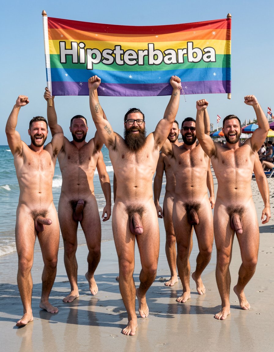 Photorealistic cinematic scene of a gay pride demonstration on the shoreline of El Playazo nudist beach, Vera Playa, Almería. Bright midday Mediterranean sun, gentle waves on the wet sand, chiringuito El Pirata visible in the background. Hipsterbarba, 40 year old Spanish muscle bear, 180cm 80kg 8% body fat, completely dry shredded six-pack with deep cuts and visible linea alba, dense dark chest hair, treasure trail to thick black pubes, zero belly, rounded developed pecs with small dark hard nipples, broad shoulders, highly vascular muscular arms with small black tattoo 