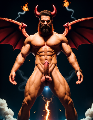 Diablo Satanás desnudos con pene grande y testículos grandes. Dobla el brazo derecho para enseñar los bíceps del brazo derecho con gran orgullo. Tiene mucho vello por todo el cuerpo. Está bronceado. Tiene alas de diablo negras y rojas oscuro. Los brazos están hacia arriba implorando rayos y fuego. Tiene un chorro de fuego en el pene que sale a chorros rojos hacia arriba de su pene erecto tieso hacia arriba. Sus ojos son grandes y rojos. Tiene testículos grandes y oscuros. Está rodeado de llamas y humo. Tienen cara de maldad y con barba. Se ven los pies. Quiero ver los pies. Está delgado. Está con los huevos gordos a la vista. Cuernos de diablo