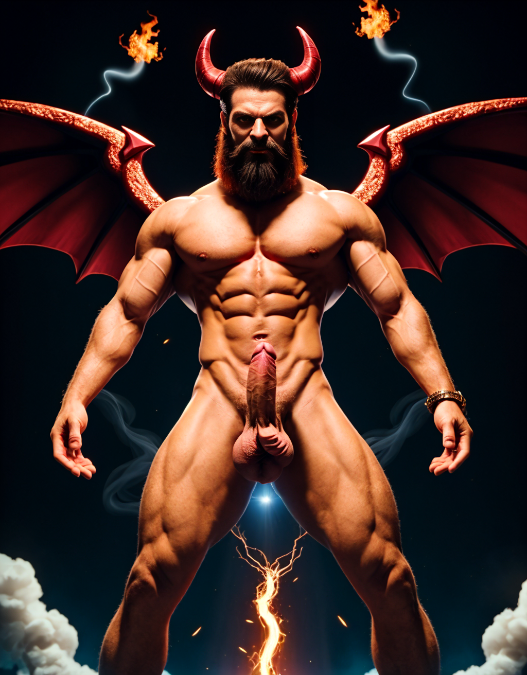 Diablo Satanás desnudos con pene grande y testículos grandes. Dobla el brazo derecho para enseñar los bíceps del brazo derecho con gran orgullo. Tiene mucho vello por todo el cuerpo. Está bronceado. Tiene alas de diablo negras y rojas oscuro. Los brazos están hacia arriba implorando rayos y fuego. Tiene un chorro de fuego en el pene que sale a chorros rojos hacia arriba de su pene erecto tieso hacia arriba. Sus ojos son grandes y rojos. Tiene testículos grandes y oscuros. Está rodeado de llamas y humo. Tienen cara de maldad y con barba. Se ven los pies. Quiero ver los pies. Está delgado. Está con los huevos gordos a la vista. Cuernos de diablo