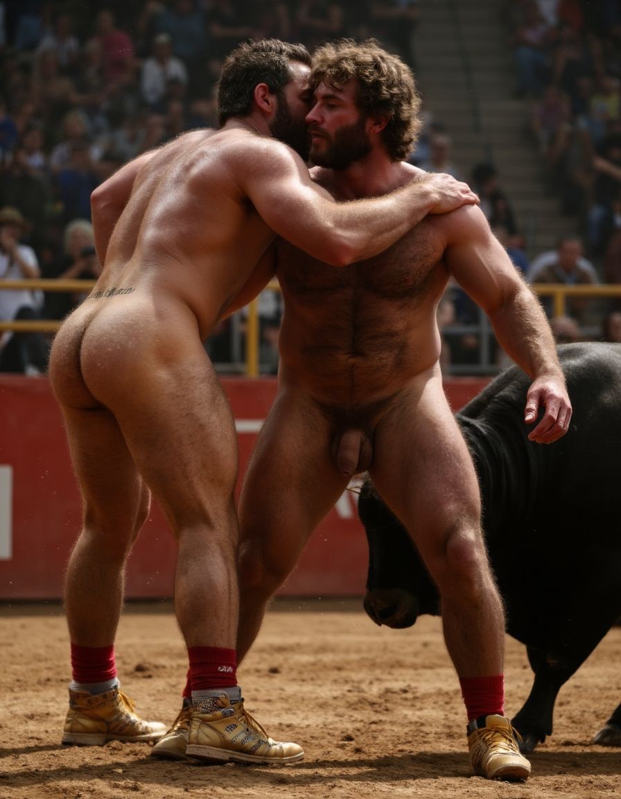 Un torero español musculoso y velludo de 50 años, con torso atlético y marcado, se muestra completamente desnudo, destacando su pene de 30 cm de longitud y 5 cm de grosor, perfectamente formado y rodeado de un denso vello púbico castaño oscuro. Sus testículos, perfectamente formados, cuelgan de forma prominente. La piel bronceada y sudorosa resalta su musculatura definida, con pectorales y abdominales bien marcados y sin grasa. El cabello largo y castaño oscuro está despeinado y sudoroso, con gotas de sudor resbalando por su frente y mejillas. Una barba incipiente y un vello corporal denso que se extiende por su pecho, piernas y brazos completan su apariencia viril. Lleva zapatillas doradas en sus pies.

A su lado, un hombre musculoso y velludo de 30 años, completamente desnudo, muestra un pene de 30 cm de longitud y 7 cm de grosor, hermoso y perfecto, rodeado de un denso vello púbico pelirrojo. Su piel bronceada y sudorosa muestra una musculatura definida, con pectorales y abdominales muy marcados. Tiene cabello pelirrojo despeinado y sudoroso. Tiene una barba pelirroja densa pero bien recortada. El vello corporal pelirrojo denso cubre su pecho, y tiene mucho vello pelirrojo en sus piernas y brazos, lo que realza su apariencia masculina y atlética. Están en la plaza de toros con un toro salvaje. Se aman

Ambos hombres se encuentran en una plaza de toros, con sombras que resaltan su musculatura y vello corporal, creando un ambiente sensual y cargado de tensión. Están en pleno acto de pasión, con sus penes erectos y testículos prominentes ,destacando su musculatura, vello corporal y atributos viriles en una imagen impactante y llena de energía. La escena está llena de sensualidad y poder, con los dos hombres como protagonistas, en un ambiente cargado de pasión y erotismo. La imagen es híper realista, con detalles de alta calidad, y muestra la unión de los dos hombres en un acto de pasión y dominio, con sus cuerpos musculosos y velludos completamente desnudos y visibles, mostrando su excitación y pasión en cada detalle. Tienen sus penes erectos. Están totalmente desnudos. Tienen un pene de 40 cm de longitud y 7 cm de diámetro. Son felices y sonríen. Amor. Se abrazan por la cintura con fuerza y pasión, están muy juntos. Sexo fuerte. Están abrazados y besándose en la boca con lengua.  Están muy juntos apretándose el uno con el otro. Te quiero ❤️. Uno está detrás del otro abrazándole la cintura por la espalda. Se besan apasionadamente. Juntan sus penes erectos a la vista del espectador. Por sus penes erectos. 