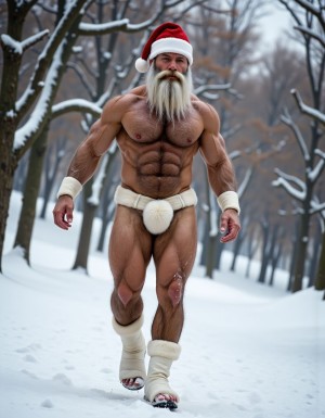 La Navidad. Papá Noel es un hombre de 40 años, atleta, está delgado y tiene músculos marcados y definidos, es muy varonil, tiene barba blanca abundante. Solo tiene el gorro de papá Noel porque está totalmente desnudo enseñando su musculatura de atleta y bronceada, tiene mucho vello blanco que cubre sus músculos pectorales y el abdomen y también en sus piernas. Tiene sandalias blancas en sus pies. Barba abundante blanca de papá Noel. Es el Papá Noel del año 2025, con mucha alegría y mucho sexo gay. Aspecto muy masculino salvaje. Pene erecto de 20cm de longitud y 8cm de diámetro. Abundante vello blanco por todo el cuerpo. Está andando sobre la nieve con sus botas blancas, mientras su pene erecto se balancea entre sus piernas y sus testículos botan. Está desnudo y masturbándose. 