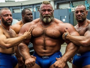 4 jugadores de un equipo senior de rugby, tres blanco y uno negro, todos se encuentran fuera del estadio antes del partido y se muestan sus cuerpos musculosos, todos son barbudos e hipermasculinos.  El captián es rubio y barbudo, el captián es el más musculoso, está en primer término tensando los músculos, los otros juegadores to tocan alabando su cuerpo. Los espectadores contemplan la escena de lejos con morbo y sorpresa. 