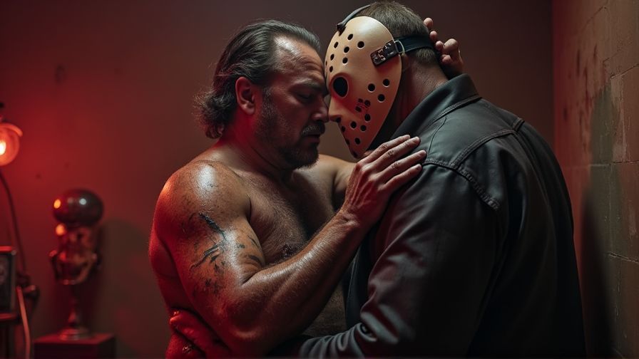 A surreal and explicit scene: an artistic masterpiece capturing the dark desires of two iconic horror characters. The infamous Freddie Krueger, with his burned and scarred skin, passionately engages in anal intercourse with the silent and menacing Jason Voorhees. The dimly lit room is filled with an eerie ambiance as visible traces of their intimate moment linger in the air. Their intense connection is evident as Freddie's slender, clawed hands tightly grip Jason's muscular body, their movements synchronized in a forbidden dance. The aftermath of their encounter is symbolized by the visible remnants of their passion, enhancing the raw and primal energy of the scene.