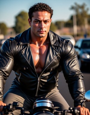 Primer plano realista fotográfico de cuatro motoristas montados en sus motos en la carrretera, los motoristas son musculosos y muestran sus trajes de cuero, muestran su mecho musculoso bajo las chaquetas de cuero, los motoristas muestran su ropas abultadas por los músculos,  los motoristas muestran grandes paquetes bajo sus pantalones, Motos Triumph Rocket 3 Storm 