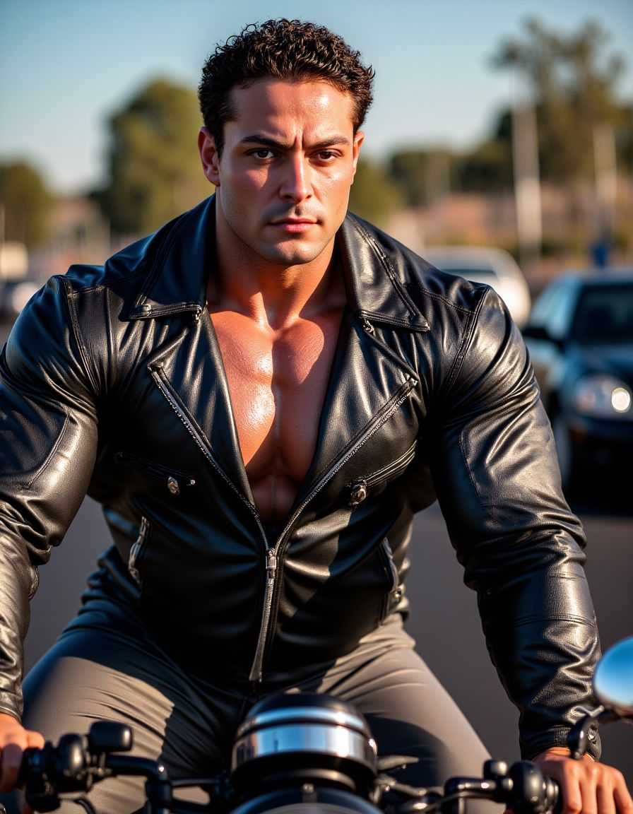 Primer plano realista fotográfico de cuatro motoristas montados en sus motos en la carrretera, los motoristas son musculosos y muestran sus trajes de cuero, muestran su mecho musculoso bajo las chaquetas de cuero, los motoristas muestran su ropas abultadas por los músculos,  los motoristas muestran grandes paquetes bajo sus pantalones, Motos Triumph Rocket 3 Storm 