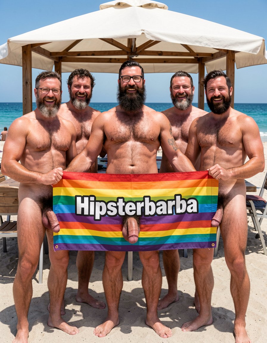 Photorealistic cinematic scene right in front of the chiringuito El Pirata on El Playazo nudist beach, Vera Playa, Almería. Bright midday Mediterranean sun, the rustic wooden facade of the chiringuito with its cane roof, white awnings, tables, chairs and the turquoise sea clearly visible right behind the group. Hipsterbarba, 40 year old Spanish muscle bear, 180cm 80kg 8% body fat, completely dry shredded six-pack with deep cuts and visible linea alba, dense dark chest hair, treasure trail to thick black pubes, zero belly. Rounded developed pecs with small dark hard nipples, broad shoulders, highly vascular muscular arms with small black tattoo 
