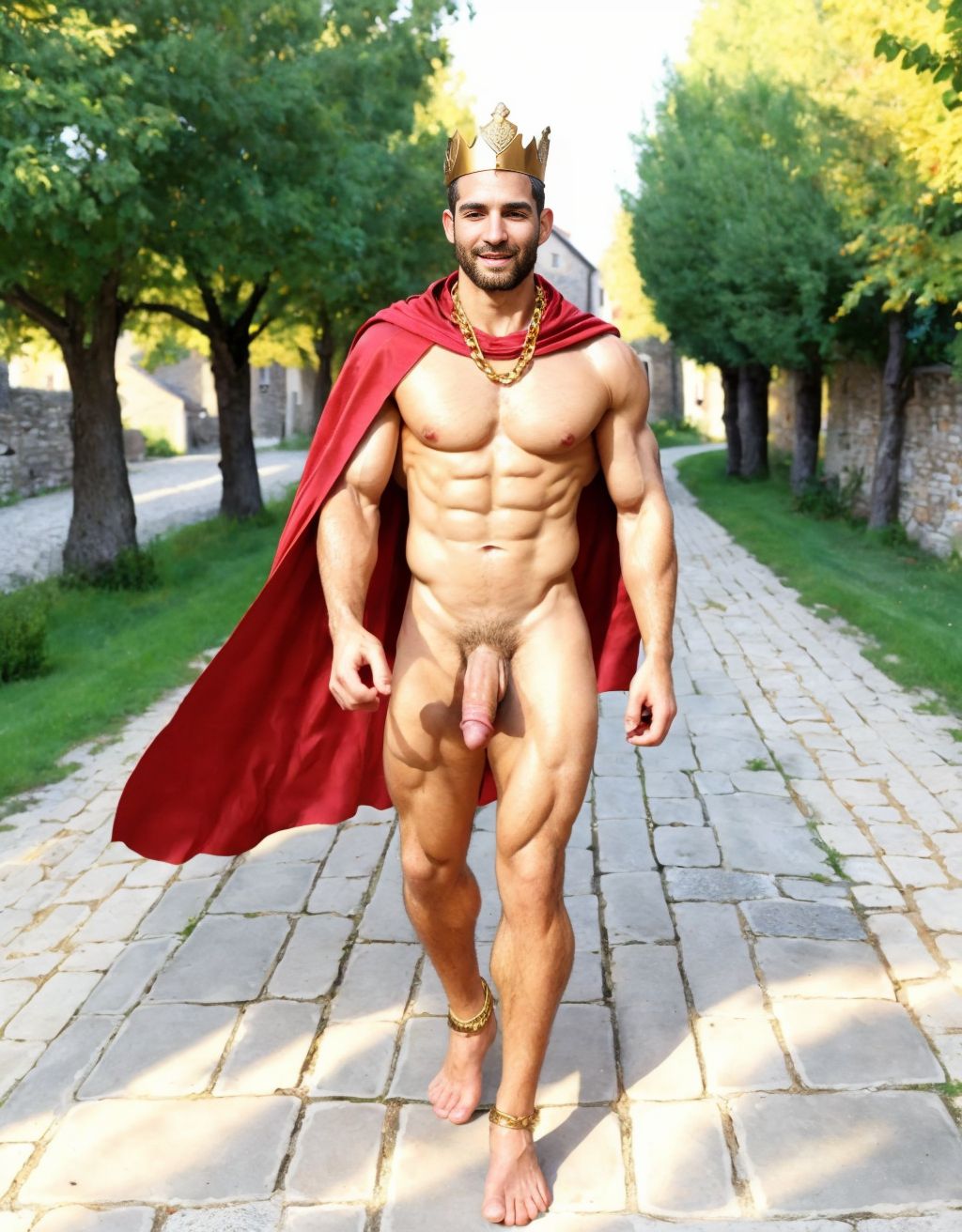 Hombre griego desnudo, pene erecto, testículos peludos, corona de oro, cadena de oro, capa roja, caminando por un camino del campo empedrado medieval, piel bronceada, músculos definidos, rodeado de hombres desnudos con grandes penes, con ganas de masturbar con la mano derecha perfectamente.