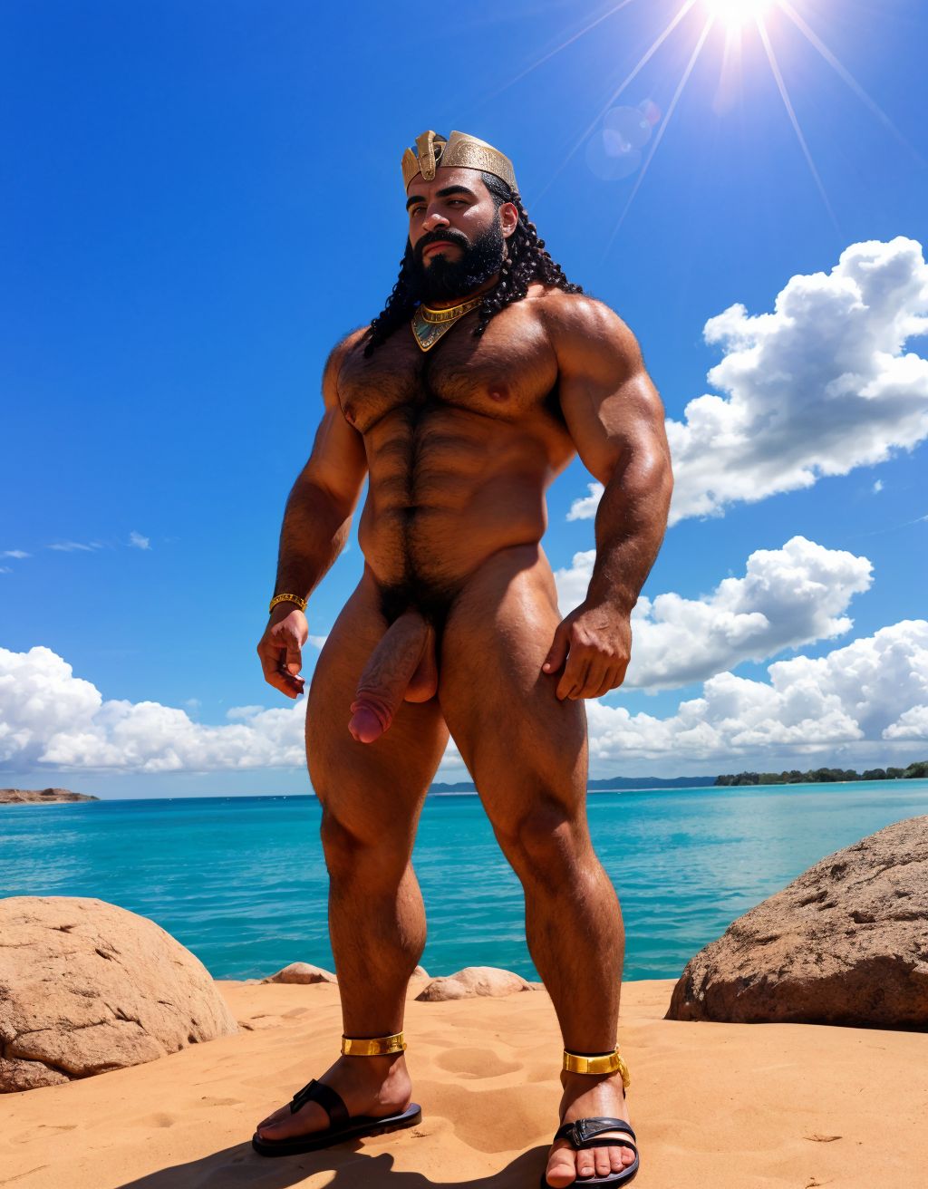 Faraón Ramsés 2 desnudo y viril. Tiene pene grande. Tiene testículos prominentes y velludos. Tiene mucho vello corporal y abundante. Tiene sandalias negras. Tienen barba perfecta. Está flotando en las nubes blancas en el cielo azul..