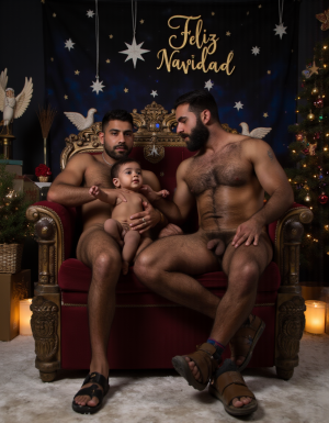 Un hombre Mohamed de 18 años de edad con 180cm de altura está totalmente desnudo, tiene un pene de 25cm de longitud y 6cm de diámetro. Tiene una aureola luminosa y brillante alrededor de su cabeza. Es rubio de pelo largo y tiene barba larga rubia, tiene cara cuadrada angulosa y muy varonil, tiene ojos azules y brillantes, hombre Mohamed ((NO NIÑO)) está recostado en un trono estilo rococó dorado con adornos navideños, bajo la quietud de la noche, de fondo se ve una estrella de Navidad y adornos de navidad. Hombre Mohamed tiene músculos marcados y definidos, está totalmente desnudo, tiene un pene erecto de 25cm de longitud y 6cm de diámetro. El ambiente irradia una calidez palpable, una atmósfera cargada de seguridad, sensibilidad y el amor más puro.
A ambos lados del trono del hombre Mohamed de 18 años de edad (que está totalmente desnudo y tiene un pene de 25cm de longitud y 6cm de diámetro) están sus dos padres: hombre José y hombre Mario, con miradas llenas de ternura. Dos figuras de presencia sólida y muy varonil que llenan el espacio de protección. A la derecha del hombre Mohamed ((de 18 años de edad que está totalmente desnudo y tiene un pene de 25cm de longitud y 6cm de diámetro)) se encuentra el hombre José, con 195cm de altura, está totalmente desnudo enseñando sus marcados músculos, tiene 55 años de edad, tiene cuerpo muy atlético, se aprecian sus músculos de gimnasta, tiene pene erecto de 28cm de longitud y 8cm de diámetro, tiene cabello rizado y largo de color negro en su cabeza, tiene un rostro ancho y cuadrado, tiene abundante barba larga de pelo oscuro, tiene profundos ojos grises, y su cuerpo está delgado, de aspecto atlético, tiene mucho vello oscuro, se inclina con devoción hacia su hijo ((NO NIÑO)) hombre Mohamed ((de 18 años de edad que está totalmente desnudo y tiene un pene de 25cm de longitud y 6cm de diámetro).
A la izquierda está el hombre Mario con 190cm de altura, está totalmente desnudo enseñando los músculos biceps y triceps tensos y marcados, tiene 59 años de edad, su piel es blanca, cuya fortaleza se adivina en sus músculos definidos bajo una complexión delgada, está totalmente desnudo, tiene pene erecto de 37cm de longitud y 9cm de diámetro, tiene cabello largo de color rojo, tiene abundante vello corporal de color rojo en su cuerpo en su pecho en brazos y en piernas. En los rostros masculinos de ambos padres (hombre José y hombre Mario)  hay ternura y felicidad, pero también hay un inmenso cariño y una sensibilidad desbordante mientras sus ojos confluyen en el hombre Mohamed ((de 18 años de edad que está totalmente desnudo y tiene un pene de 25cm de longitud y 6cm de diámetro)). De fondo hay estrellas de colores parpadeando junto a la estrella de Navidad brillante con su estela de cometa brillante, el suelo está nevado rodeado de plantas de pascua, Tienen sandalias de color marrón en sus pies. Tienen caras alegres y muy varoniles y fuertes y sonrientes y con ternura. Los tres hombres tiene pelo largo y tienen barbas largas. Hombre Mario tiene pene erecto de 37 cm de longitud y 9 cm de diámetro. Los tres hombres están totalmente desnudos y con vello por su pecho. Los tres hombres son barbudos y muy peludos por todo el cuerpo. Al fondo un letrero luminoso con el texto :