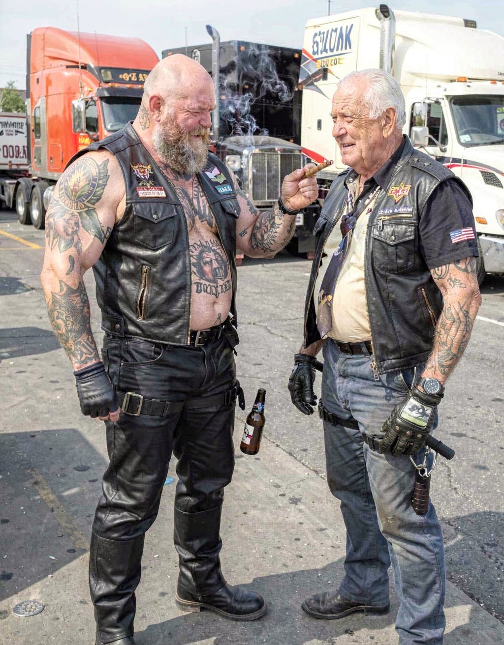 Truckers fucking at the Truck stop,Trucker with tall black biker boots, black leather chaps,heavey gloves, harnes und checked shirt, muscular, many tattos, bald head, beard, 50 years old, Smoking a cigar, ,showing his big hard dick, big balls, big beard, beer belly, trucker is Having Sex with a second Trucker.  Second Trucker is similarly dressed, 70 years old, second Trucker is showing his hard dick, Trucks in the background