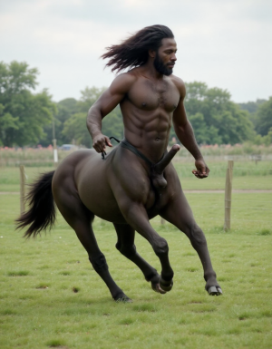 Caballo negro totalmente desnudo cuerpo entero con polla erecta gigante a la vista y huevos gordos a la vista colgando d la base de su polla 🫏, (solo tiene cuatro patas, no distorsión) es un macho viril. Tiene cabeza de hombre con torso peludo musculado y brazos peludos musculosos. Es un centauro masculino. Pelo largo despeinado y movido por el aire. Está corriendo sobre la hierva del prado.