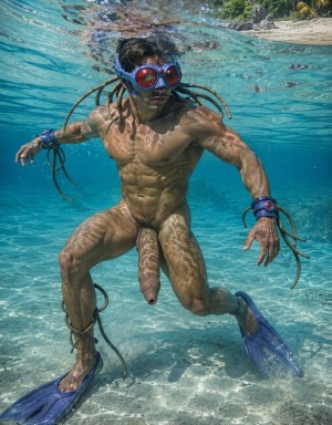 Un hombre desnudo nada bajo el agua cristalina de una playa tropical, con el torso musculoso iluminado por reflejos ondulantes y un pene visible mientras avanza sobre un fondo de arena blanca. Lleva unas gafas de buceo azules con lentes rojas, aletas azules en los pies y varias cuerdas o tiras oscuras atadas alrededor de muñecas, tobillos y el pelo, que flota como rastas alrededor de la cabeza. La escena combina fotografía submarina y paisaje costero, con la superficie del mar dividiendo la composición y dejando ver al fondo una orilla con rocas, vegetación y palmeras, creando una sensación de apnea, exploración marina y movimiento en aguas turquesas.