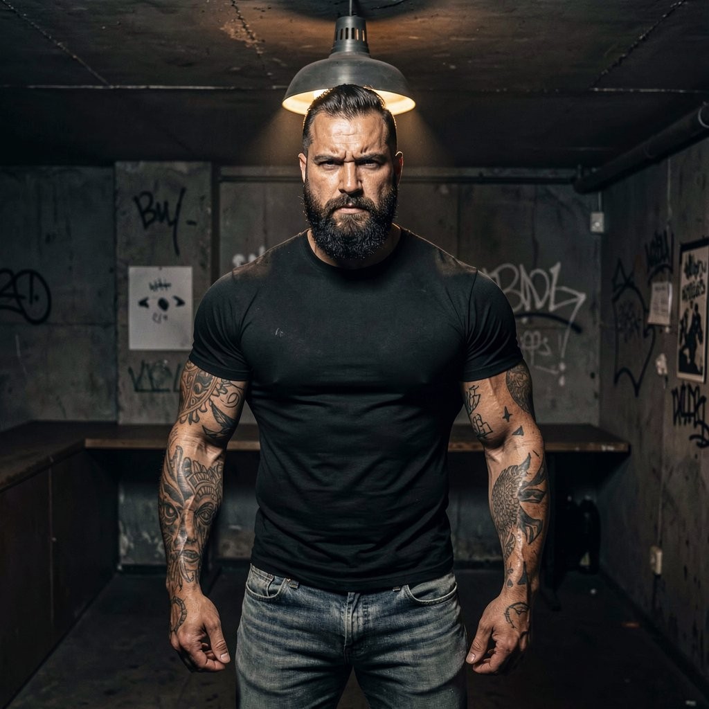 A muscular man with a full beard and short hair slicked back poses standing in front of the camera with a serious, intense expression, wearing a tight black T-shirt and worn jeans. His arms, visible through the short sleeves, are covered in detailed tattoos that reinforce a tough, urban aesthetic. The scene takes place in a dark industrial-style interior, with concrete walls covered in graffiti, tables or benches in the background, and a metal lamp hanging right above his head, creating dramatic, focused lighting. The atmosphere recalls a basement, underground gym, or abandoned room, with a rough, masculine, cinematic mood.
