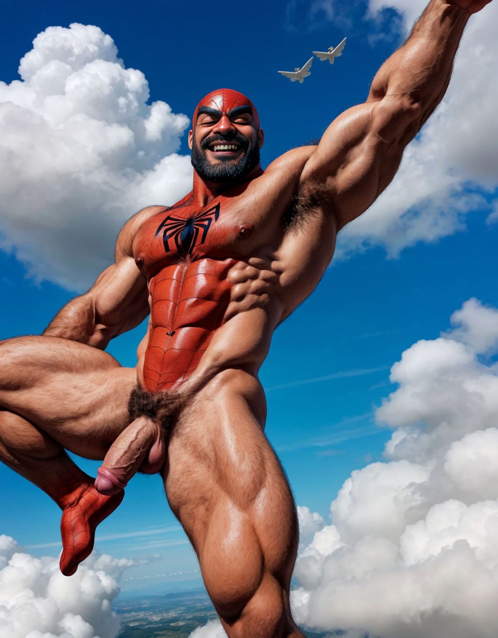 Spiderman velludo musculoso totalmente desnudo volando sobre una nube en el cielo azul. Tiene el pene grande. Tiene los testículos grandes y peludos. Volando. Está feliz. Tiene la piel limpia y húmeda. Tiene ojos verdes y dientes blancos.