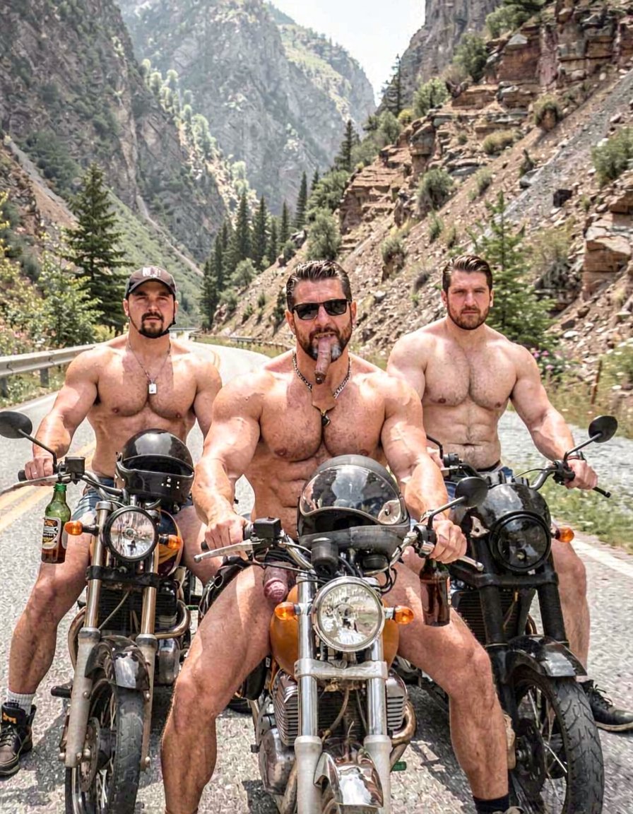 tres hombres maduros musculosos semidesnudos, de aspecto agresivo, malotes macarras, con los  penes visibles, torsos desnudos, se han quitado el traje  de cuero de motoristas, muestran pechos y abdómenes hipermusculosos, sentados en sus motos, cascos y botellas de cerveza en sus manos, el fondo una carretera secundaria perdida en el cañón del Colorado.