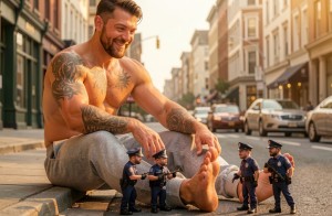 Un hombre gigantesco, musculoso y sin camiseta aparece sentado en una calle urbana al atardecer, sonriendo mientras observa a varios policías diminutos reunidos junto a sus pies descalzos. Lleva pantalones grises, tiene barba, el pelo peinado hacia atrás y numerosos tatuajes en brazos, hombros y pecho, destacando sobre su piel iluminada por una luz cálida. La escena tiene un tono surrealista y de fantasía, con los agentes de uniforme oscuro, gorras, radios y equipo policial interactuando a escala miniatura alrededor de su pie y una pelota cercana. Al fondo se ven edificios altos, escaparates, coches aparcados y una avenida tranquila con perspectiva de ciudad, creando un contraste llamativo entre realismo urbano y proporciones imposibles.