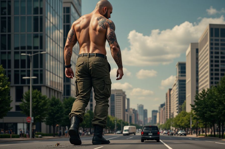 Un skinhead musculoso y tatuado de 50 metros de altura sin camiseta, botas militares negras, pantalones de camuflaje, cabeza rapada al cero, barba corta, complexión intimidante y corpulenta, pectorales enormes, brazos masivos con tatuajes tribales, mirando hacia abajo con expresión dominante y cruel, caminando por una ciudad moderna, rascacielos a la altura de sus rodillas, coches como juguetes diminutos bajo sus botas, personas microscópicas de 1 milímetro huyendo despavoridas por las calles, pisadas gigantes dejando huellas en el asfalto, perspectiva desde el suelo mirando hacia arriba mostrando su tamaño colosal, iluminación dramática de atardecer urbano, hiperrealista, fotografía cinematográfica de alta calidad