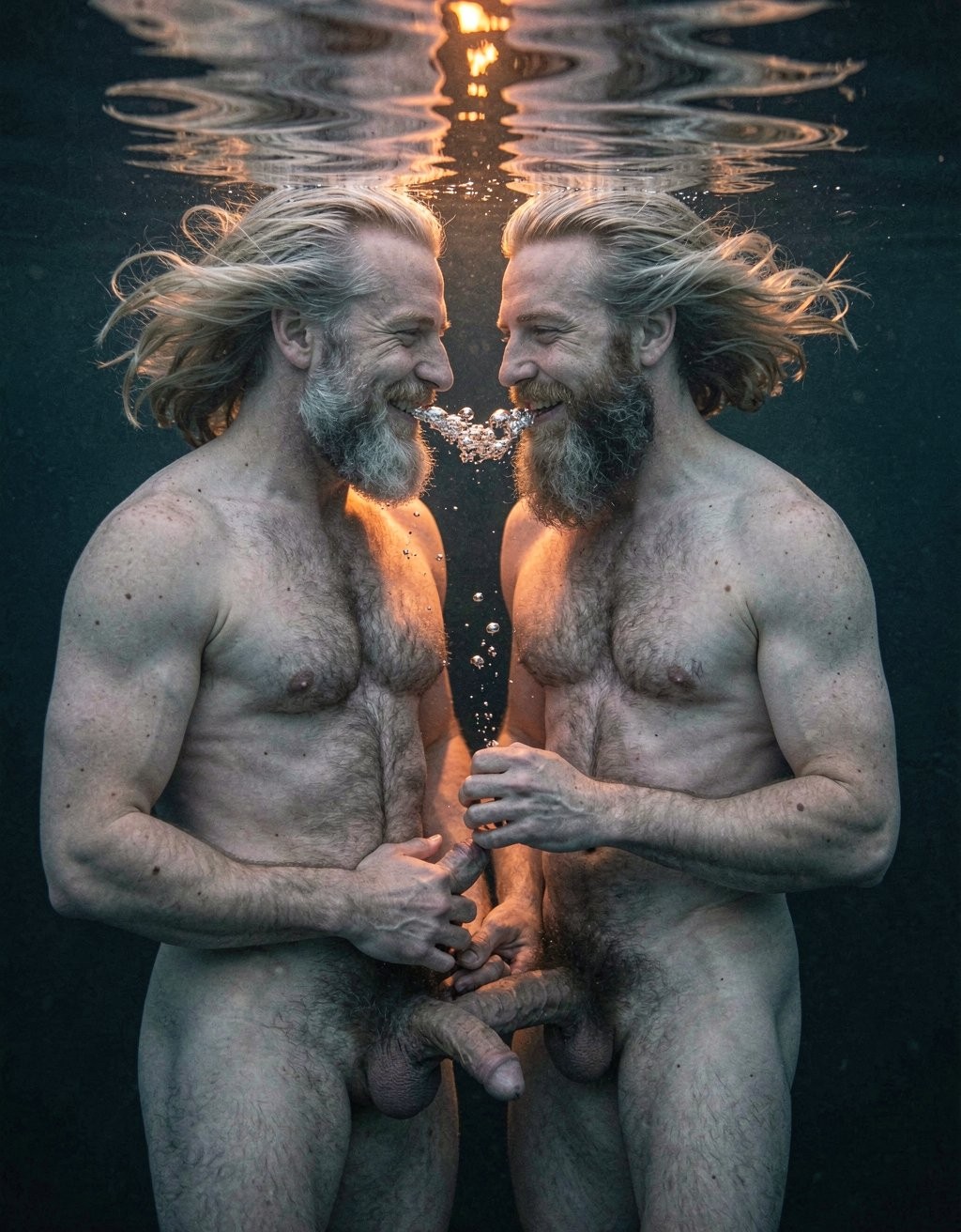 Amleth y Aurvandil. Dos vikingos desnudos completamente sumergidos bajo el agua negra de un fiordo nórdico al anochecer, tomados desde dentro del agua en plano medio cerrado, cuerpos flotando suspendidos a media profundidad frente a frente, la superficie visible arriba con el reflejo anaranjado tembloroso de las antorchas, burbujas plateadas ascendiendo desde sus bocas y narices en racimos, iluminación cinematográfica cruda estilo Robert Eggers, paleta desaturada azul profundo y verde oscuro del agua, destellos cálidos anaranjados filtrándose desde la superficie creando rayos de luz, grano analógico Kodak Vision3 500T 35 mm escaneado 8K, 8K UHD 7680x4320, textura de piel hiperdetallada bajo el agua con poros visibles, pelo flotando en mechones individuales, burbujas nítidas con refracción de luz, lente anamórfica Panavision C-Series 50 mm T2.8, profundidad de campo media, desenfoque suave en el fondo oscuro del fiordo, nitidez absoluta en los rostros y manos, cero ruido digital, cero artefactos de compresión, composición simétrica.

Anatomía humana perfecta bajo el agua: proporciones áureas 1:1.618, simetría bilateral exacta, biomecánica humana correcta en estado de flotación. Sin deformaciones, sin distorsiones, sin errores anatómicos.

Vikingo veterano (48 años, 190 cm) de frente, rostro visible bajo el agua con expresión de amor y felicidad, piel bronceada curtida con tonos azulados por el filtro del agua, pelo gris plata largo flotando alrededor de la cabeza en todas direcciones como un halo, barba larga canosa espesa flotando moviéndose lentamente, bigote poblado, vello torácico extremadamente denso flotando sobre el pecho, cicatrices de batalla en torso y brazos ligeramente distorsionadas por refracción, ojos grises brillantes entrecerrados de felicidad mirando al joven, sonrisa amplia mostrando dientes, burbujas escapando de entre sus labios y nariz, torso ligeramente girado hacia el joven, una mano sumergida sujetando la polla del joven bajo el agua con los dedos envueltos alrededor del tronco en una caricia suave, la otra mano acariciando los testículos del joven, dedos abiertos acunándolos con ternura.

Pene del veterano: erecto bajo el agua, apuntando ligeramente hacia arriba, tronco grueso, glande visible, prepucio ligeramente retraído, vello púbico denso gris oscuro flotando alrededor de la base, la mano del joven envuelta alrededor sujetándolo con cariño mientras los dedos del joven también acarician sus testículos colgando flotando en el agua.

Vikingo joven (29 años, 194 cm) de frente, rostro visible bajo el agua con sonrisa radiante de felicidad absoluta, piel pálida grisácea con tonos azulados por el filtro del agua, pelo rubio sucio largo flotando alrededor de la cabeza en mechones, barba espesa flotando suavemente, vello torácico triangular visible flotando, tatuajes nórdicos negros azulados en torso distorsionados por el agua, ojos claros brillantes mirando al veterano con amor, boca entreabierta sonriendo, burbujas escapando de su boca y nariz mezclándose con las del veterano, una mano sumergida sujetando la polla del veterano con los dedos rodeando el tronco en una caricia lenta y amorosa, la otra mano acariciando los testículos del veterano sosteniéndolos con suavidad.

Pene del joven: erecto bajo el agua, apuntando hacia arriba, tronco largo y grueso, glande visible, vello púbico rubio oscuro flotando alrededor, la mano del veterano envuelta alrededor sujetándolo con ternura mientras sus dedos también sostienen los testículos del joven.

Pose: Frente a frente, cuerpos flotando a menos de 30 cm de distancia, cabezas ligeramente inclinadas el uno hacia el otro, frentes casi tocándose, manos de ambos entrelazadas bajo el agua alrededor de sus genitales, acariciándose mutuamente con lentitud y amor, piernas separadas ligeramente para permitir el acceso, burbujas ascendiendo entre ellos y alrededor de ellos en patrones orgánicos, el pelo de ambos flotando y entrelazándose visualmente, sus cuerpos ligeramente girados el uno hacia el otro en una danza acuática lenta.

Composición: encuadre que muestra desde la cintura hacia arriba, los torsos parcialmente visibles con las manos ocupando el centro inferior del encuadre realizando las caricias genitales bajo el agua, los rostros como punto focal principal con las sonrisas y las burbujas, la superficie del agua arriba distorsionada con el fuego anaranjado de las antorchas creando un techo de luz temblorosa, el fondo de agua negra profunda sin fondo visible.

Iluminación: luz cálida anaranjada filtrándose desde la superficie en rayos que atraviesan el agua iluminando sus cuerpos desde arriba, luz azul profunda ambiental rodeándolos, las burbujas capturando y refractando la luz cálida como pequeñas esferas brillantes, las manos y genitales iluminados por la luz filtrada creando sombras suaves en el agua, los rostros bañados por la mezcla de luz cálida y fría.

Sin deformaciones, sin distorsiones, sin errores anatómicos. Perfección absoluta en cada forma corporal bajo el agua.