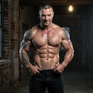 A muscular shirtless man poses front-facing in a dark industrial setting, with exposed brick walls, a cement floor, and a hanging light bulb providing warm, dramatic lighting. His torso is shiny, marked by bulky pectorals, very defined abs, and strong arms with visible veins. He wears low black jeans and holds the waistband with both hands, conveying a confident and intense attitude. Several tattoos stand out on his shoulders and arms, along with very short hair, a trimmed beard, and a defiant expression, creating an aesthetic of fitness, strength, bodybuilding, and urban masculinity.