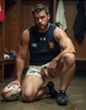 Un hombre fornido de rugby arrodillado en el suelo del vestuario, con músculos definidos y piel bronceada que refleja el esfuerzo físico, ojos cansados pero satisfechos que sugieren un partido intenso, barba incipiente que cubre su mandíbula y mejillas, destacando su rostro varonil. Lleva un pantalón corto de rugby que se encuentra bajo en sus caderas, dejando visible su pene erecto, símbolo de su masculinidad y energía. A su lado, un balón de rugby manchado y sudado, testimonio del juego apasionado que acaba de terminar. Sobre su torso, una camiseta arrugada con el número 