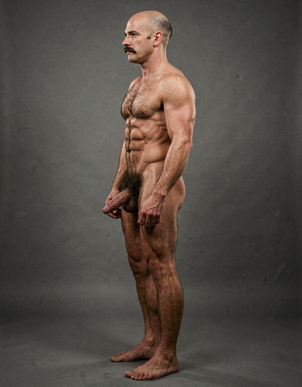 Mike Morris, a 32-year-old extremely lean Caucasian male with only 8% body fat, stands completely naked in a strict military attention pose captured in a full-body exact side profile at 90 degrees from his left side. The shot runs from the tips of his size 44 slightly hairy feet all the way up to the top of his bald head, showing his entire body without any cropping. His physique is dry, highly vascular and powerfully defined: massive square pectorals seen in perfect side silhouette, dense dark brown chest hair forming a thick T-pattern, sharply carved six-pack abs in clear profile, narrow waist, wide lats, powerful thighs and diamond-shaped calves. Dramatic directional studio lighting comes from high and slightly in front of him, creating strong rim lighting that traces the sharp outline of his entire body, the texture of his dense dark body hair on chest, lower back, ass and legs, and deep shadows that accentuate every muscle separation, vein and the extreme dryness of his 8% body fat physique. His advanced Norwood III-IV bald scalp shines under the light, with short dense dark brown hair on the sides and back of his head. His square angular face is shown in pure profile: strong jawline, prominent chin with slight central dimple, thick dark handlebar mustache, heavy brow and intense deep-set brown eye looking straight forward with a serious, commanding expression. His penis is fully visible in perfect side view, completely natural and realistic: thick, 24 cm long when fully erect, with a natural slight upward curve, prominent dorsal veins, long foreskin partially covering the pink-red glans, and realistic lighter skin tone. Below it hang his large, low-hanging testicles with wrinkled darker skin and dense dark brown hair. The extremely thick, curly dark brown pubic bush climbs almost to his navel and surrounds the base of his cock and balls generously. Every anatomical detail from his veined hands and forearms to his muscular ass, hamstrings, diamond calves and hairy toes is perfectly proportioned and free of any deformation. Photorealistic, high-contrast, masculine 1970s Colt Studio aesthetic with subtle grainy film texture.