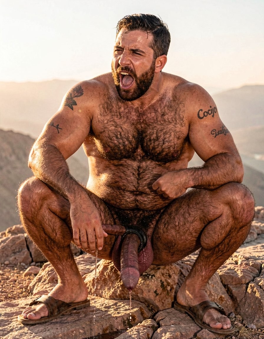 Hyper-realistic cinematic full-body photograph with perfect anatomy and zero distortion, taken under the brutal midday sun on the rocky summit of Cerro La Cantera, San Pablo Huitzo, Oaxaca, year 600 AD. The 26-year-old hyper-masculine, extremely hairy Zapotec warrior Cocijo is squatting low between the legs of Gayon Von Neumann, completely naked except for worn leather sandals. His massive sweaty body is covered in dense black hair across his chest, shoulders, arms, abs and thick thighs. Small elegant black tattoo “Cocijo” anatomically adapted to the curve of his right bicep. His own enormous 35 cm cock is brutally swollen, dark purple, heavily veined and throbbing hard, trapped at the base by a tight black leather cock and ball ring that forces his heavy balls upward; thick ropes of precum drip continuously from the swollen tip onto the hot rock. Cocijo has his mouth stretched wide, lips tight around Gayon’s thick cock, sucking it deeply and hungrily with powerful, wet strokes. His cheeks are hollowed from the strong suction, eyes looking up submissively at Gayon’s face of pure pleasure while he keeps bobbing his head, taking more of the shaft with each movement. Harsh golden sunlight creates dramatic highlights on sweat, dense body hair, saliva dripping down the shaft and thick precum. Raw, dominant male energy and total sexual submission, photorealistic detail, perfect proportions, no deformation.
