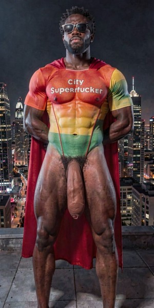 Un hombre musculoso posa de pie sobre una azotea nocturna con un skyline urbano iluminado al fondo, caracterizado como un superhéroe provocador con capa roja, gafas de sol oscuras y el torso pintado con colores rojo, amarillo y verde que simulan un traje ajustado y abdominales marcados. En el pecho aparece el texto “City Superfucker”. La pintura corporal continúa hasta la zona púbica, dejando visible su pene flácido entre las piernas, mientras mantiene las manos detrás de la espalda en una postura firme y desafiante. La escena combina estética de cómic, fantasía erótica, culturismo, desnudez masculina y ambiente de ciudad nocturna.