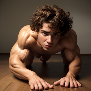 Chico fibrado, pelo castaño corto y rizado, a 4 patas, abriéndose el culo con las manos, ofreciéndolo, musculoso, piel sudorosa, mirada provocativa, ambiente sensual.
