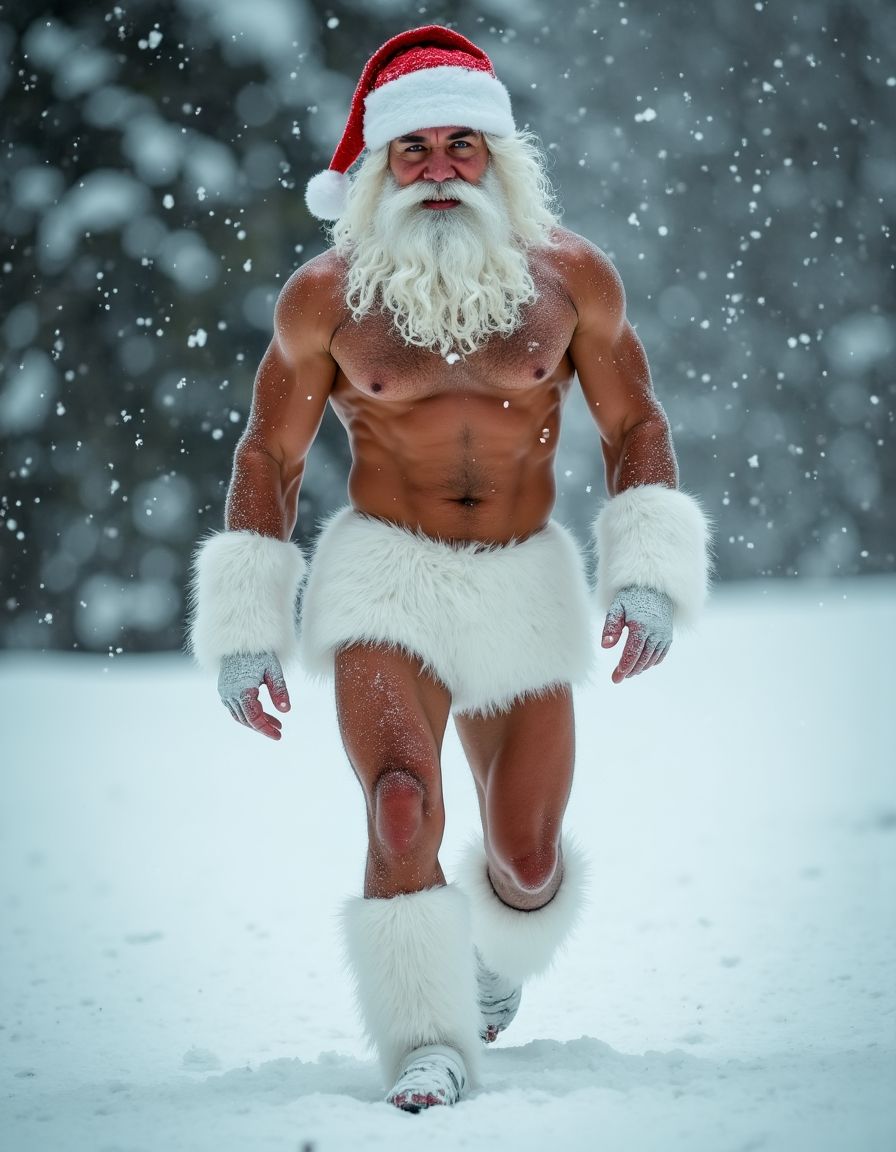La Navidad. Papá Noel es un hombre de 35 años, atleta, delgado con músculos muy marcados y definidos, está delgado y es muy varonil, tiene barba abundante blanca abundante. Tiene el gorro de papá Noel, está totalmente desnudo enseñando su musculatura de atleta y está bronceado, está entre nieve pero no frío, tiene abundante vello blanco por todo su cuerpo que cubre sus músculos de los pectorales el abdomen y cubre sus piernas. Tiene sandalias blancas en sus pies. Tiene barba abundante blanca de papá Noel. Es el Papá Noel del año 2025, con mucha alegría y mucho sexo gay. Aspecto muy masculino, salvaje. Tiene un pene erecto de 20cm de longitud y 8cm de diámetro. Tiene barba de pelo blanco y tiene mucho vello de color blanco por todo el cuerpo. El hombre Papá Noel está delgado y musculoso y peludo, andando sobre la nieve mientras cae nieve y su pene erecto se mueve sobre sus testículos 