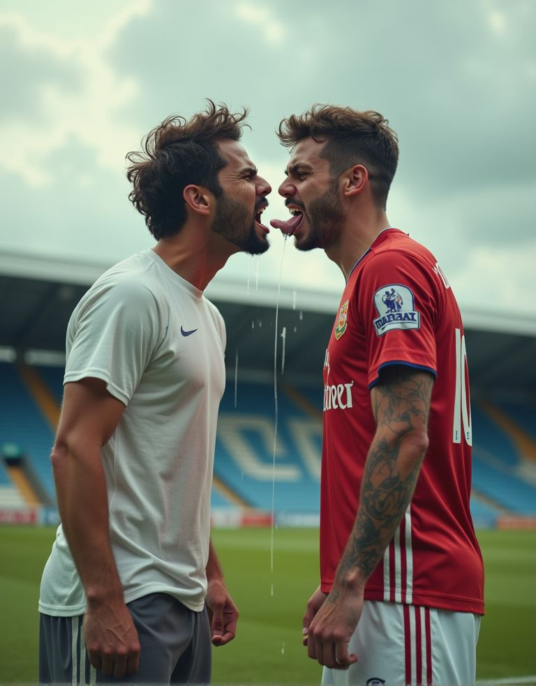 un hombre con rostro enojado y gesto agresivo, con la boca abierta y la lengua extendida, escupiendo en la cara de un futbolista que se encuentra de pie, con el rostro sorprendido y ofendido, con gotas de saliva resbalando por su mejilla y labio superior, el futbolista viste un uniforme de fútbol con el número 10 en la espalda, y tiene el cabello despeinado y sudoroso, el hombre que escupe tiene una camiseta blanca y pantalones de entrenamiento, y se encuentra en un estadio de fútbol con gradas vacías y un cielo nublado, la escena es de gran intensidad y dramatismo, con un enfoque en la saliva que cae en la cara del futbolista, estilo hiperrealista con detalles de alta calidad.