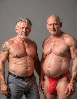 dos abuelos uno canoso con bigote y otro calvo,los dos barrigones,el calvo tiene dos pechotes muy grandes y redonditos