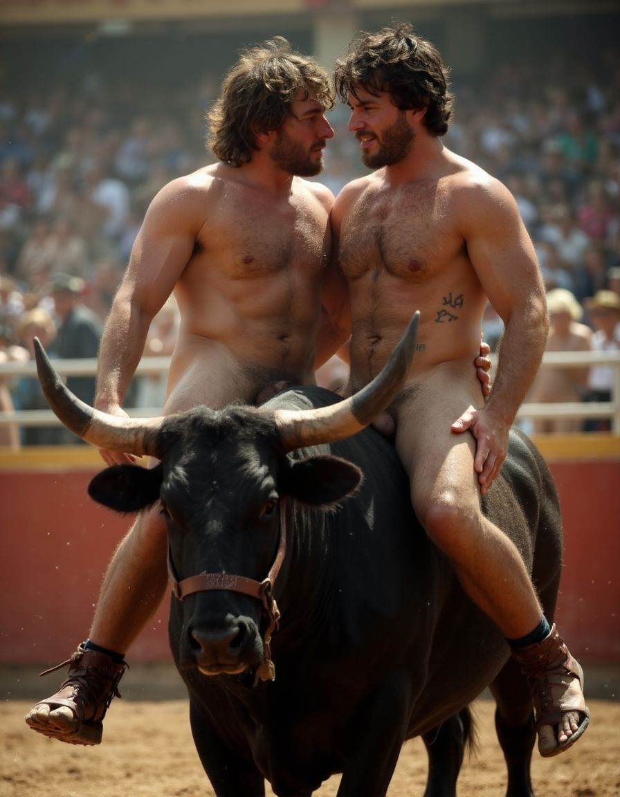 Un hombre musculoso y velludo de 50 años, torero español, con un torso atlético y marcado, está totalmente desnudo, mostrando un pene de 25 cm de longitud y 4 cm de grueso, perfectamente formado y rodeado de un denso vello púbico castaño oscuro. Sus testículos, de grandes dimensiones y perfectamente formados, cuelgan de manera prominente. La piel bronceada y sudorosa resalta su musculatura definida, con pectorales y abdominales bien marcados y sin grasa. El cabello largo y castaño oscuro está despeinado y sudoroso, con gotas de sudor resbalando por su frente y mejillas. Una barba incipiente y un vello corporal denso que se extiende por su pecho, piernas y brazos completan su apariencia viril. Tiene sandalias marrones en sus pies.

A su lado, un hombre musculoso y velludo de 30 años, también totalmente desnudo, muestra un pene erecto de 30 cm de longitud y 4 cm de grueso, hermoso y perfecto, rodeado de un denso vello púbico moreno. Su piel bronceada y sudorosa también muestra una musculatura definida, con pectorales y abdominales bien marcados. El cabello largo y rubio oscuro está despeinado y sudoroso, y una barba. El vello corporal denso en su pecho, piernas y brazos añade a su apariencia masculina y atlética.

Ambos hombres están subidos al lomo de un toro majestuoso en una plaza de toros, con sombras que resaltan su musculatura y vello corporal, creando un ambiente sensual y cargado de tensión. Están follando, con sus penes erectos y testículos prominentes, destacando su musculatura, vello corporal y atributos viriles en una imagen impactante y llena de energía. La escena está llena de sensualidad y poder, con los dos hombres y el toro como protagonistas, en un ambiente cargado de pasión y erotismo. La imagen es hiperrealista, con detalles de alta calidad, y muestra la unión de los dos hombres con el toro en un acto de pasión y dominio. Son hombres muy machos muy varoniles. Penes erectos. Están totalmente desnudos y muy excitados y pollas visibles