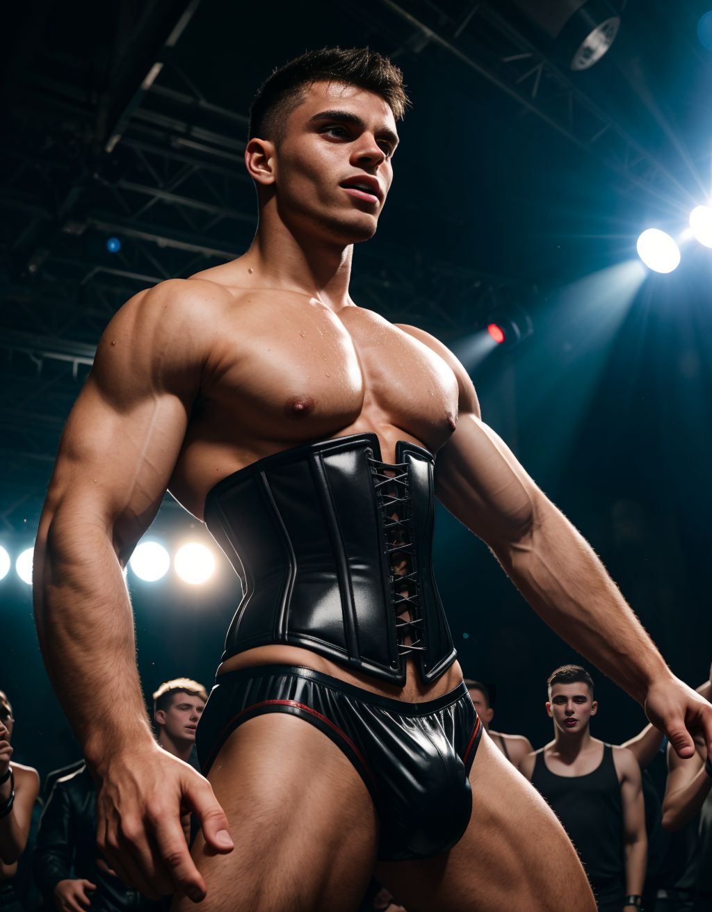 Hombre de 22 años con corsé ajustado, bailando en la discoteca Berghain, iluminación oscura y estroboscópica, sudoroso, músculos definidos, ropa interior visible, ambiente sensual y energético.
