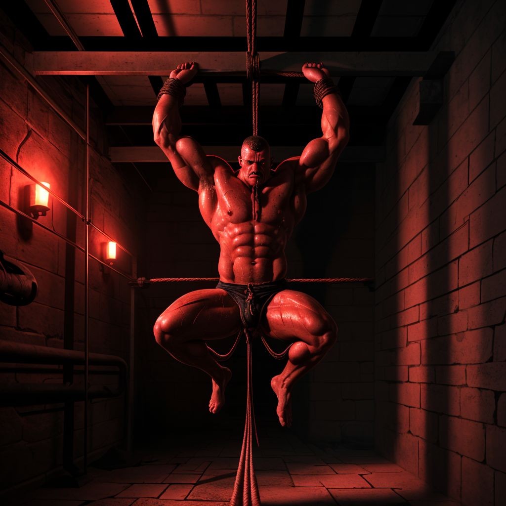 An extremely muscular man appears suspended in a dark cell with block walls, tied with thick ropes that hold his wrists above his head and also descend between his legs to the floor, creating a scene of bondage and captivity with a dramatic aesthetic. His bare torso, shining with sweat, highlights his highly defined abs, pecs, arms, and legs under intense red side lighting that casts harsh shadows on the stone floor and industrial ceiling. He wears a minimal dark loincloth-like garment, while he remains with his knees bent and his head tilted, in an atmosphere of dungeon, physical tension, visual domination, and extreme training.
