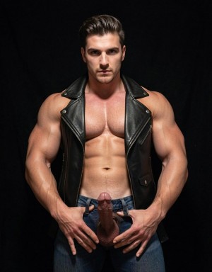 Hombre musculoso posando de frente sobre un fondo negro, con expresión seria y mirada directa a cámara, el pelo oscuro peinado hacia atrás y el torso desnudo bajo un chaleco de cuero negro abierto. Su físico marcado destaca por pectorales, abdominales y brazos muy definidos, iluminados con una luz de estudio que resalta la piel y la musculatura. Lleva vaqueros azules bajados o abiertos en la zona frontal, dejando el pene erecto expuesto en el centro de la composición, mientras sus manos descansan a ambos lados de la entrepierna, creando una pose provocativa de estilo erótico y fotografía de fitness masculina.